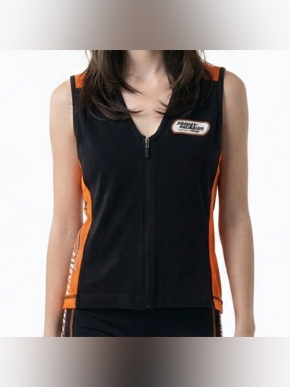 HARLEY DAVIDSON Woman’s Black & Orange Embroidered Label Zip-Up Sleeveless Top - Picture 2 of 5